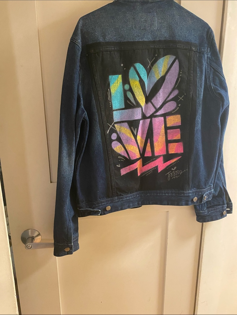 Guess oversized Blue Denim Jacket with Small Multicolor Heart Patch